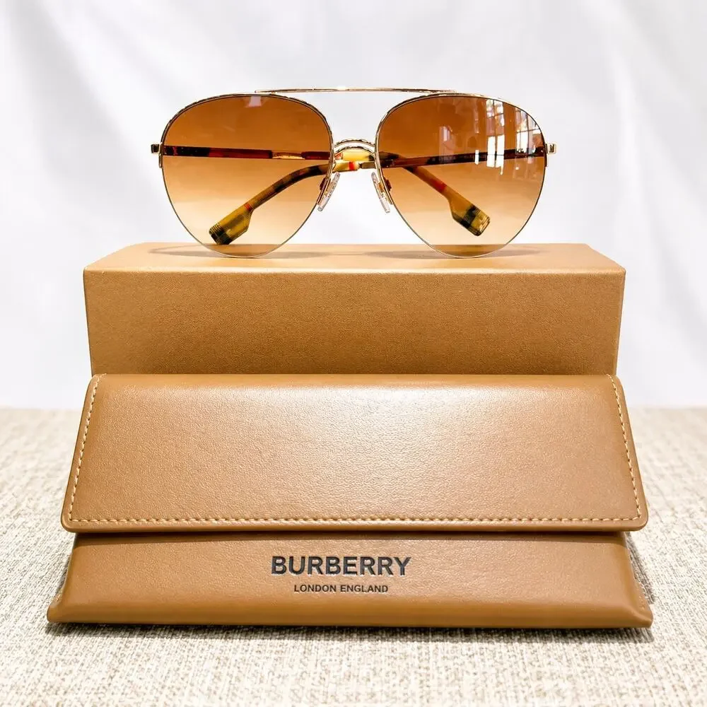 Burberry BE3113 Ferry Gold Aviator Sunglasses Brown Gradient Lenses